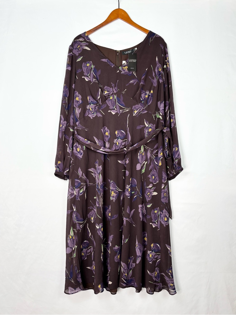 NEW Lauren Ralph Lauren Floral Belted Crinkle Georgette Dress Brown Size 20W